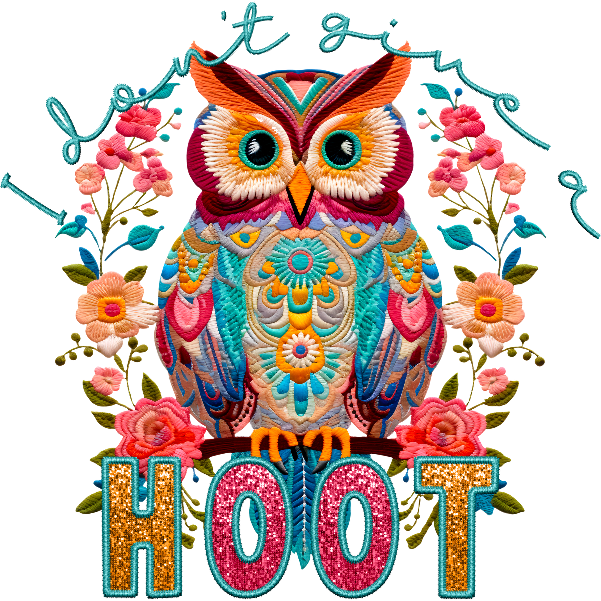 Colorful Owl Embroidered I Don't Give a Hoot Design
