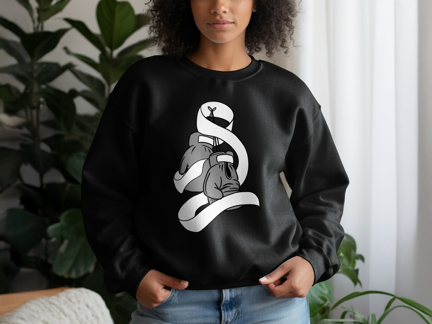 Black Sweatshirt with Boxing Gloves Graphic