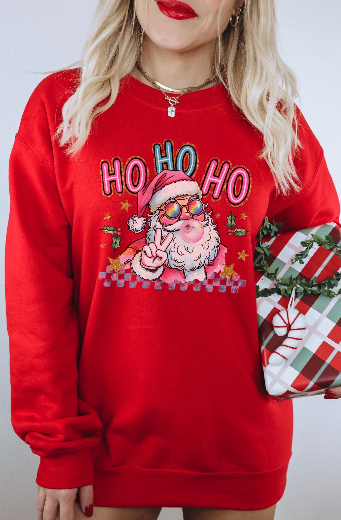 Festive Red Ho Ho Ho Santa Print Holiday Pullover