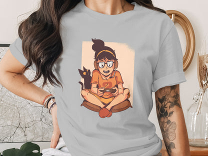 Cool Graphic T-shirt Featuring Gamer Girl and Cat Design