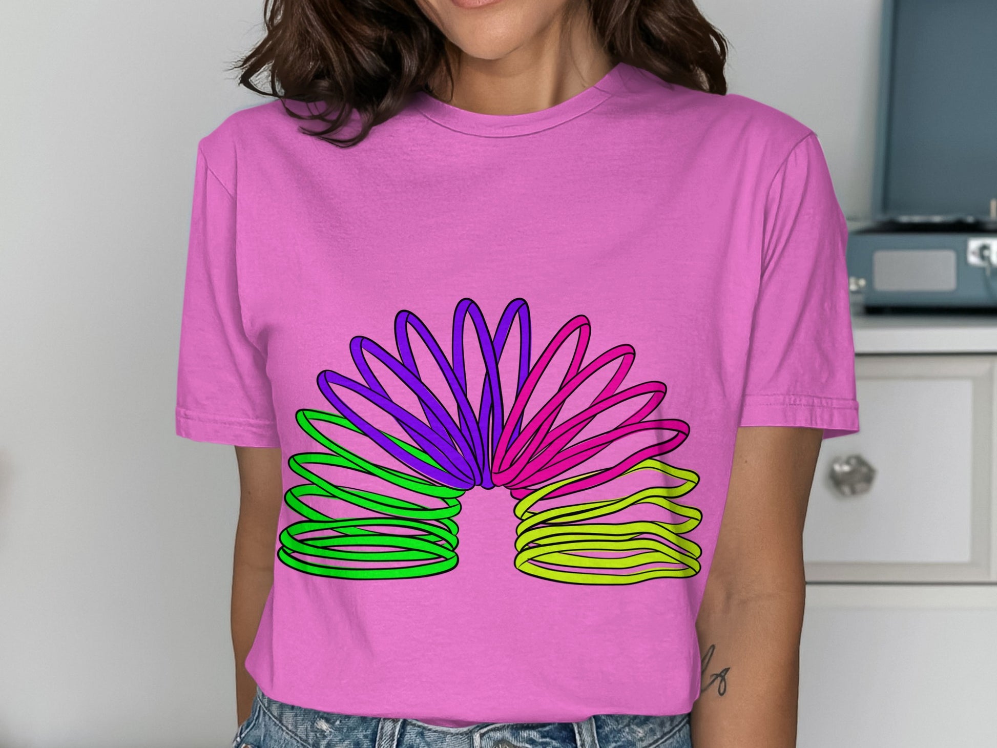 Colorful Spring Design on Pink Shirt