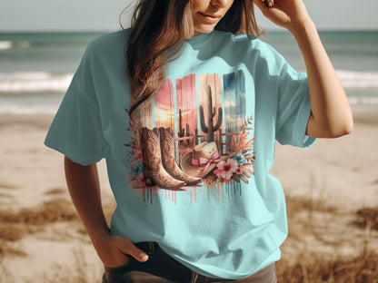 Colorful Cowboy Boots Desert Scene T-Shirt