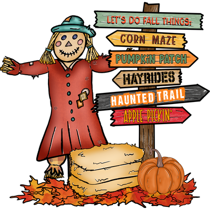 Festive Scarecrow With Autumn Activity Signs ב