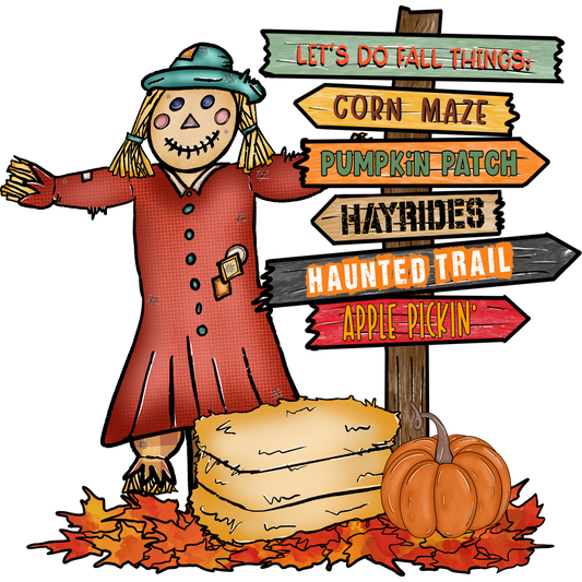Festive Scarecrow With Autumn Activity Signs ב