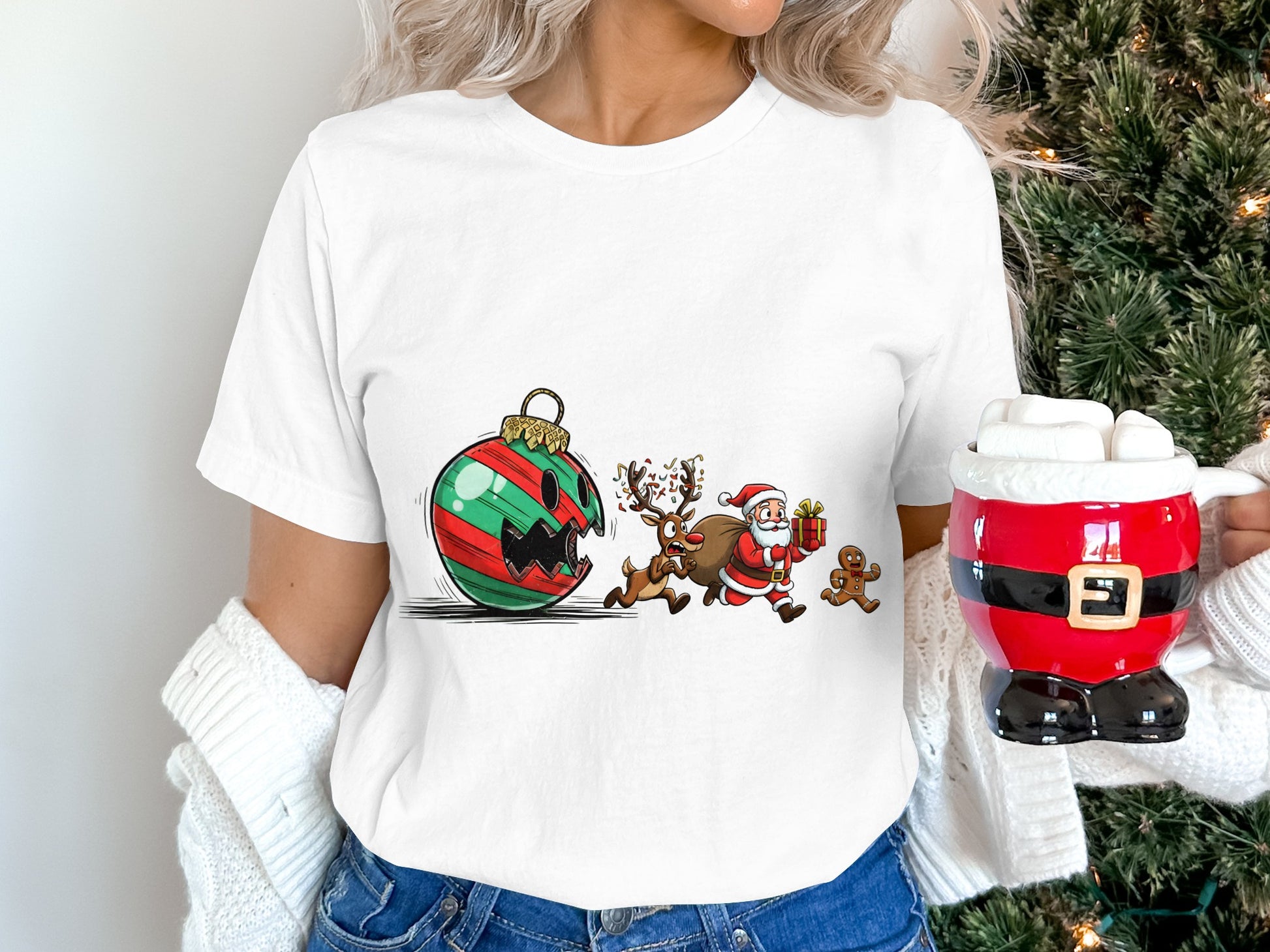 Funny Christmas Santa and Reindeer Chasing Ornament