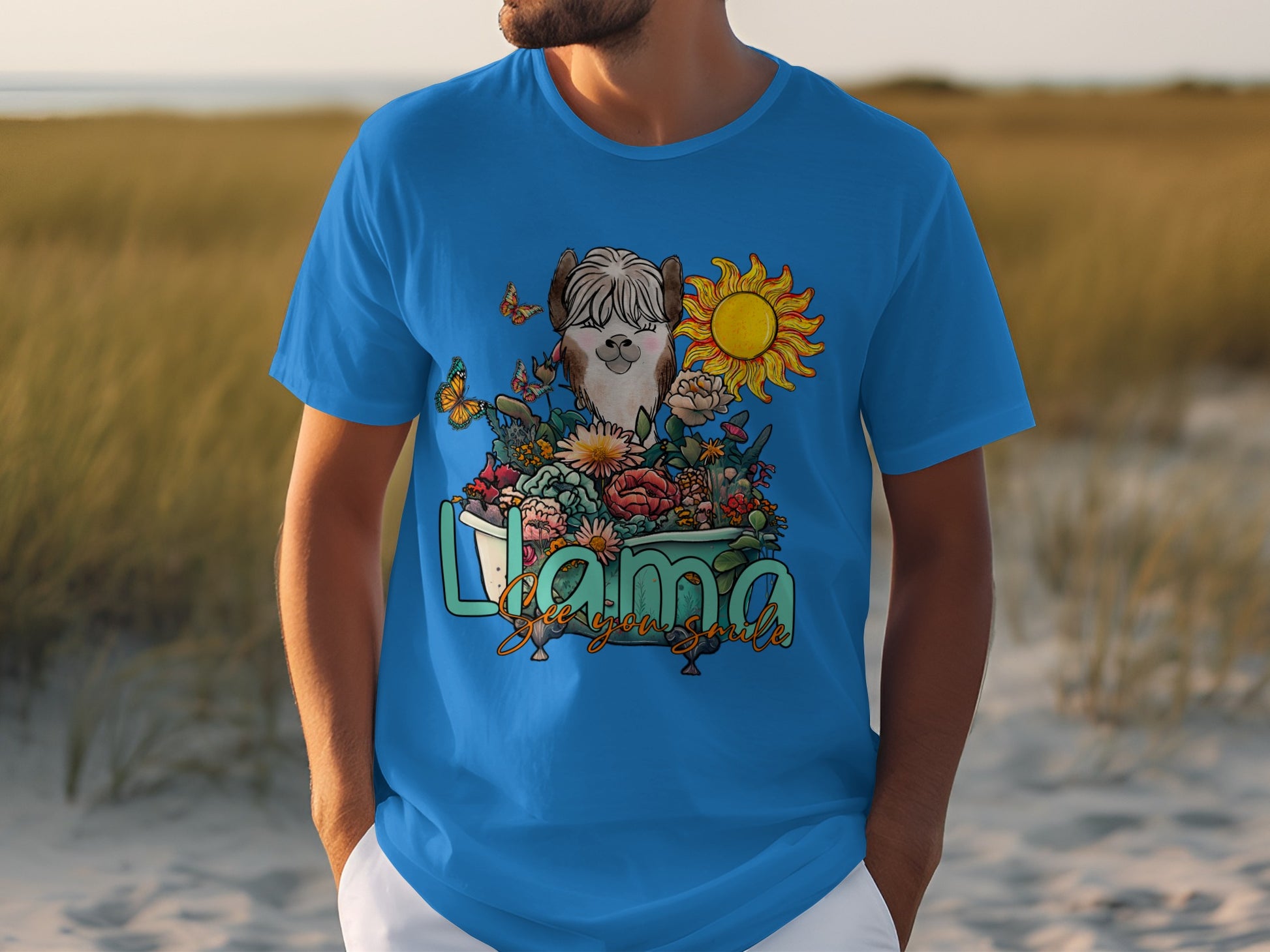 Llama Surrounded by Flowers and Sunshine T-shirt