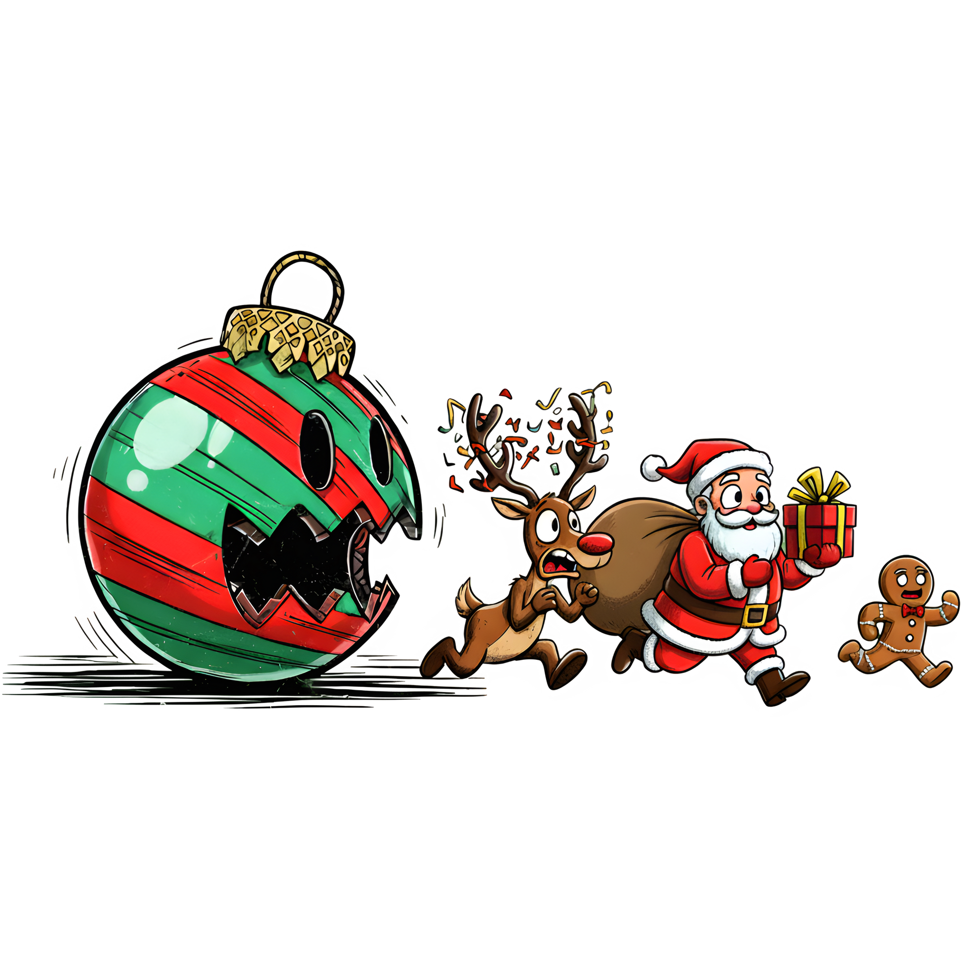 Santa Running with Reindeer Christmas Ornament Art