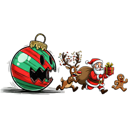 Santa Running with Reindeer Christmas Ornament Art