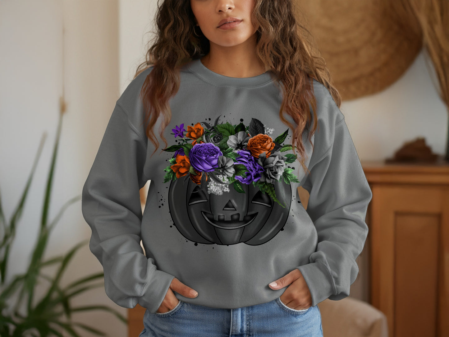 Halloween Pumpkin Floral Design Graphic Sweatshirt