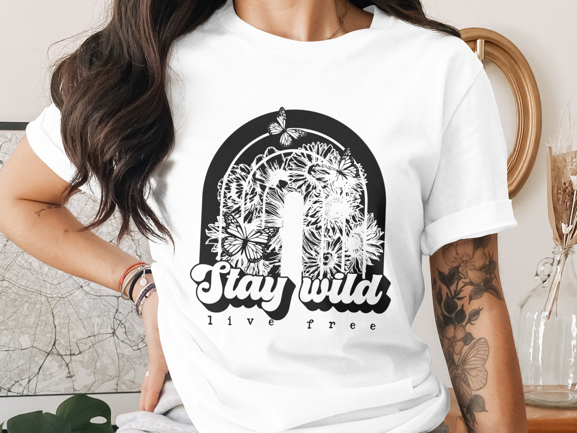 Stay Wild Live Free Graphic Tee Floral Design Shirt