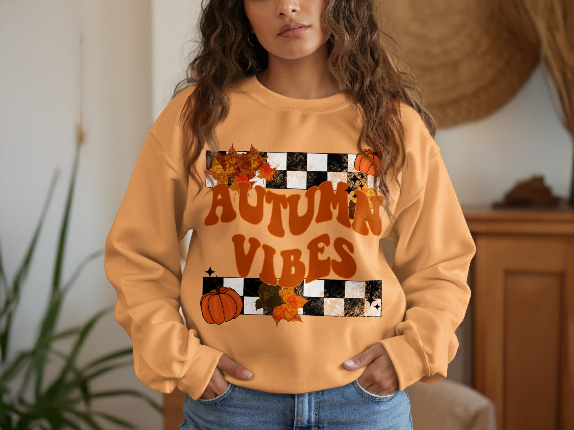 Autumn Vibes Sweatshirt with Checkered Design