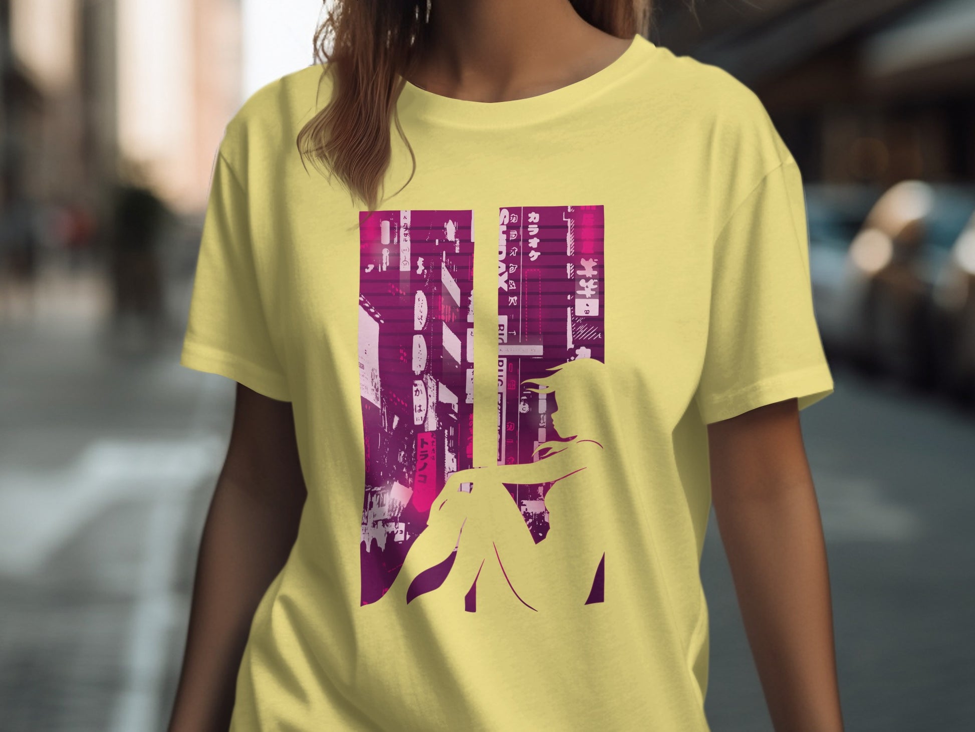 Vibrant yellow tee with urban silhouette print product