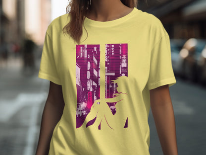 Vibrant yellow tee with urban silhouette print product