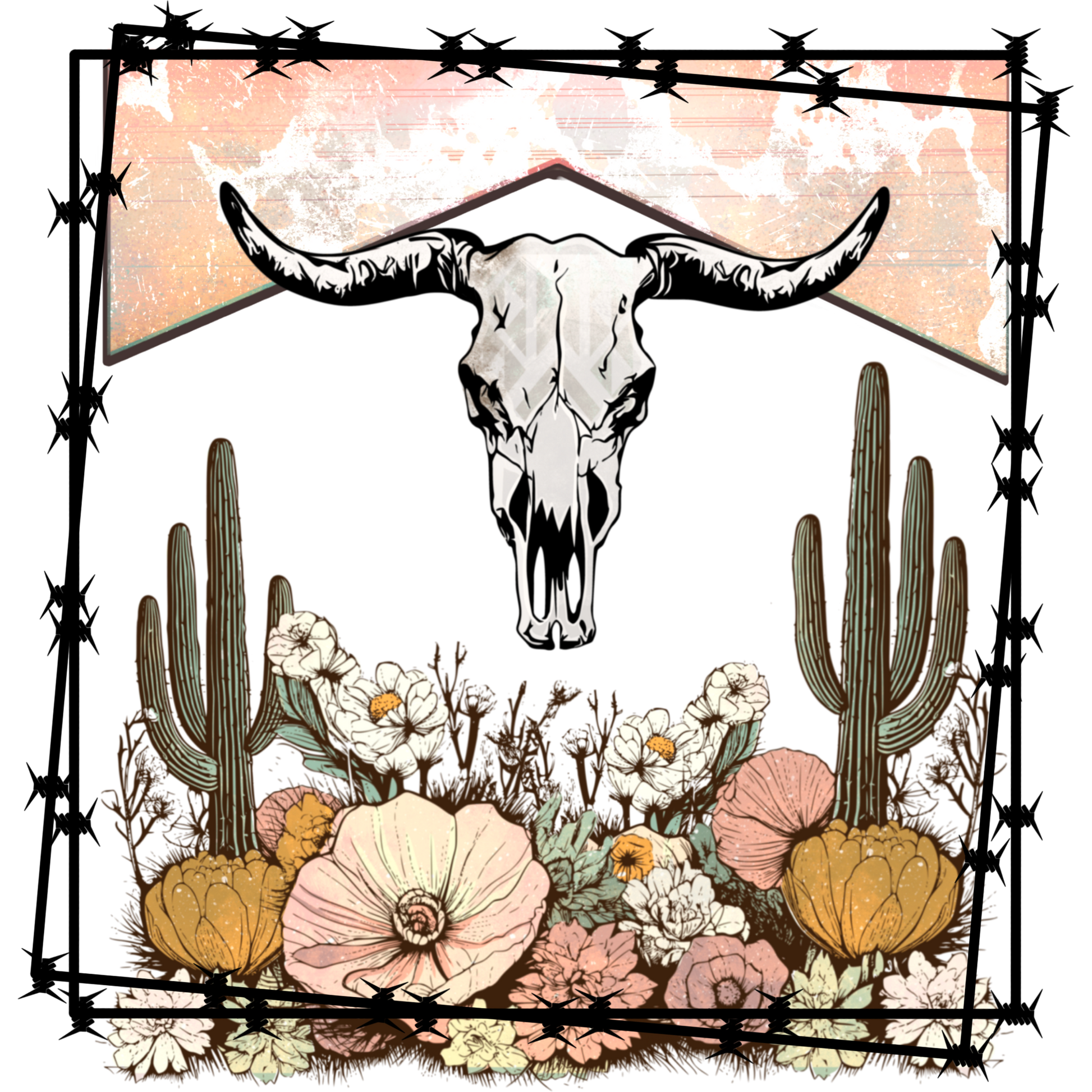 Skull and Cactus Floral Art Barbed Wire Frame Print