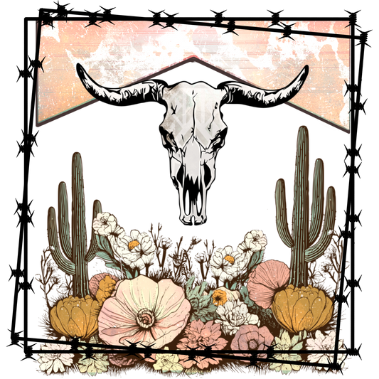 Skull and Cactus Floral Art Barbed Wire Frame Print
