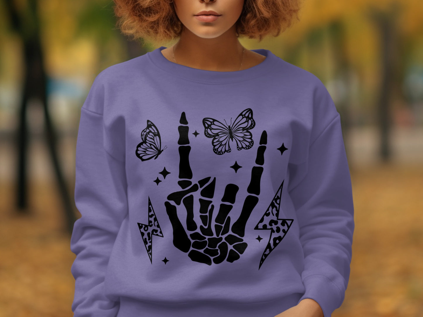 Purple Sweatshirt with Skeleton Hand and Butterflies