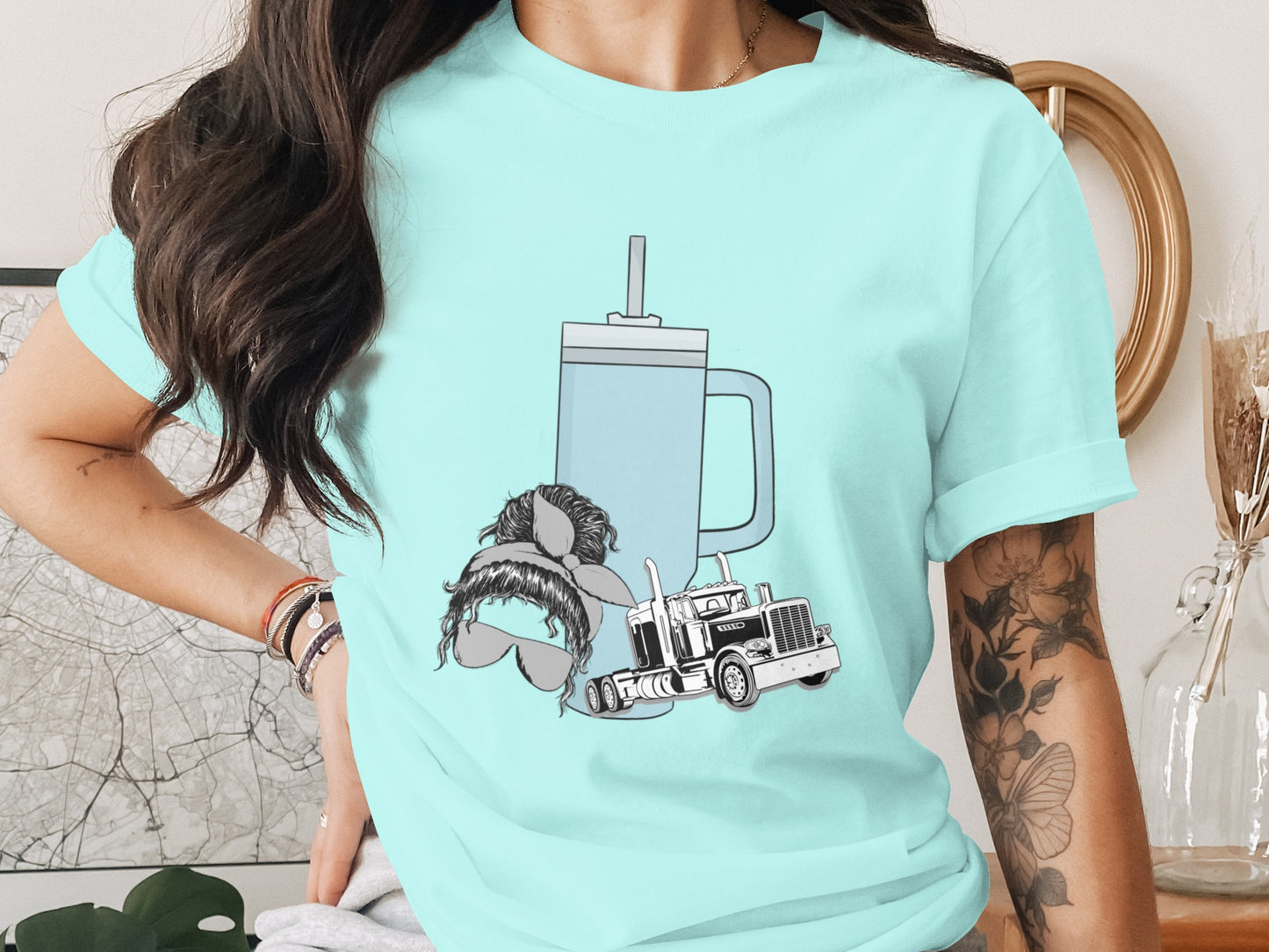 Unique Graphic Tee with Fun Mug and Truck Design