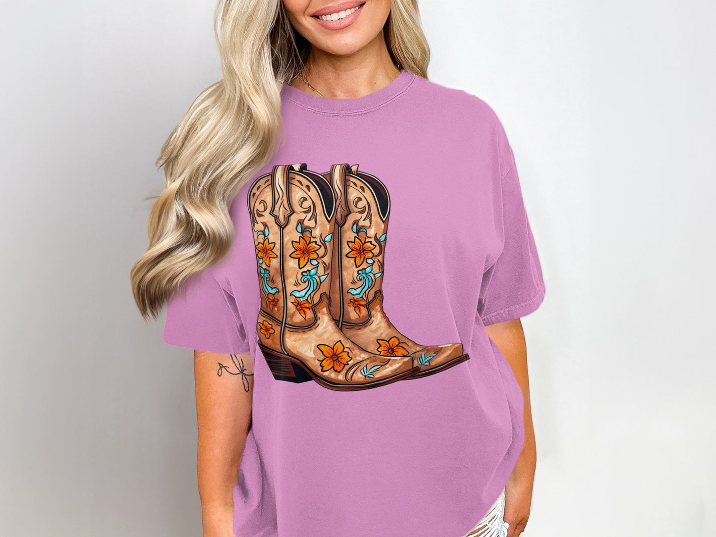 Floral Cowboy Boots Graphic Purple T-Shirt Product
