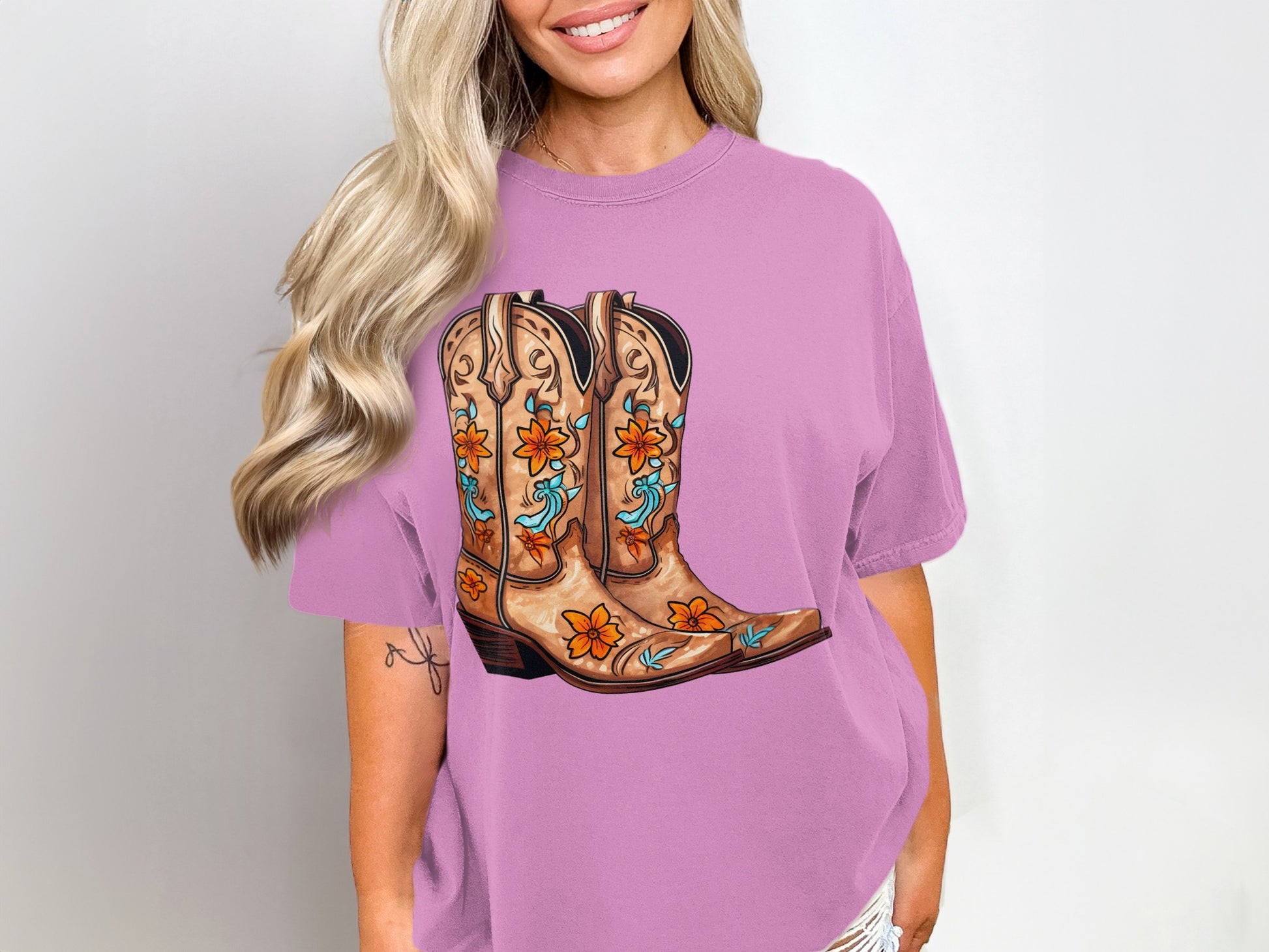 Floral Cowboy Boots Graphic Purple T-Shirt Product