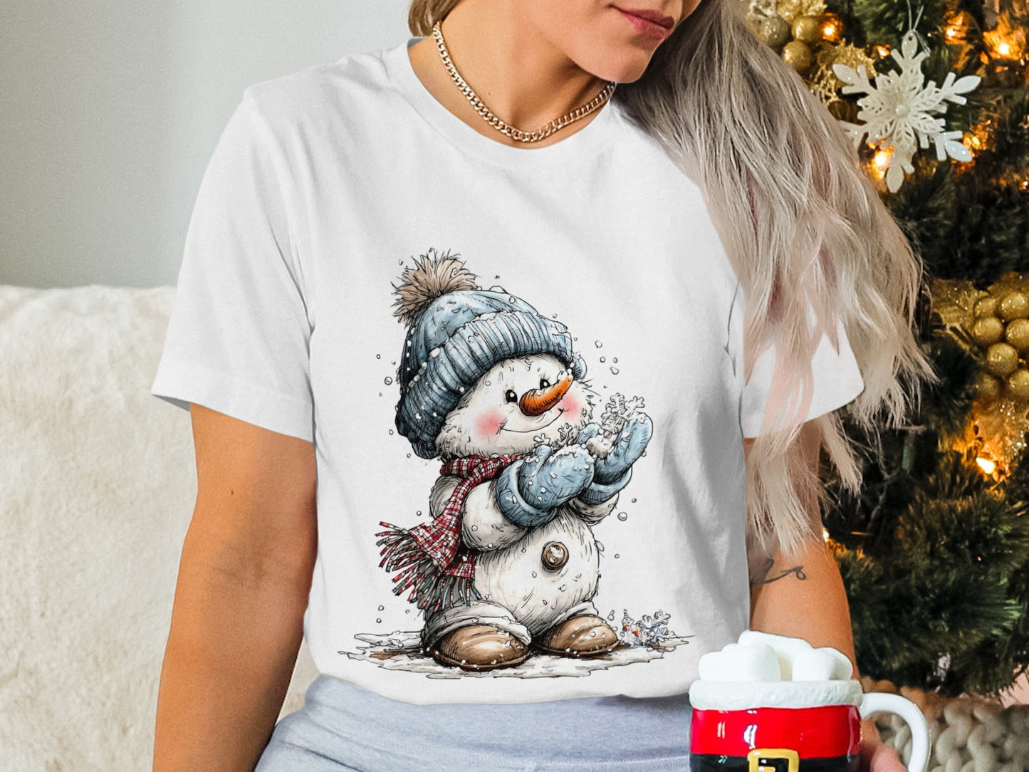 Cute Snowman T-Shirt Design, Winter Holiday Tee, Christmas Gift Idea, Seasonal Apparel, Festive Clothing, Snowflakes, Cartoon Character