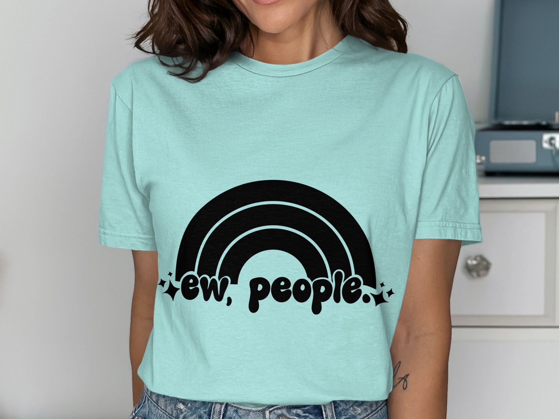 Ew People Graphic Tee with Retro Rainbow Design