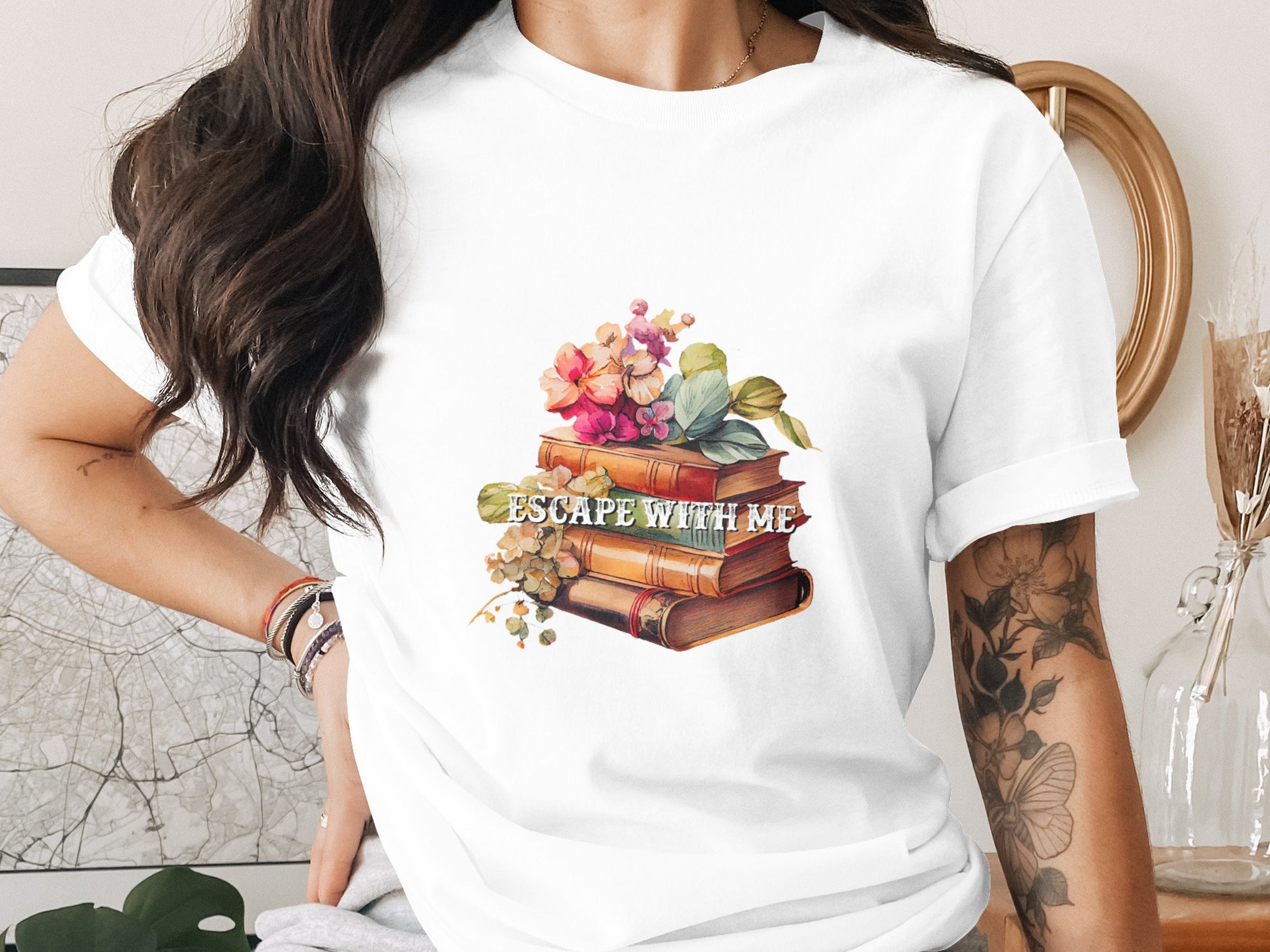Escape With Me Books and Flowers Graphic Shirt