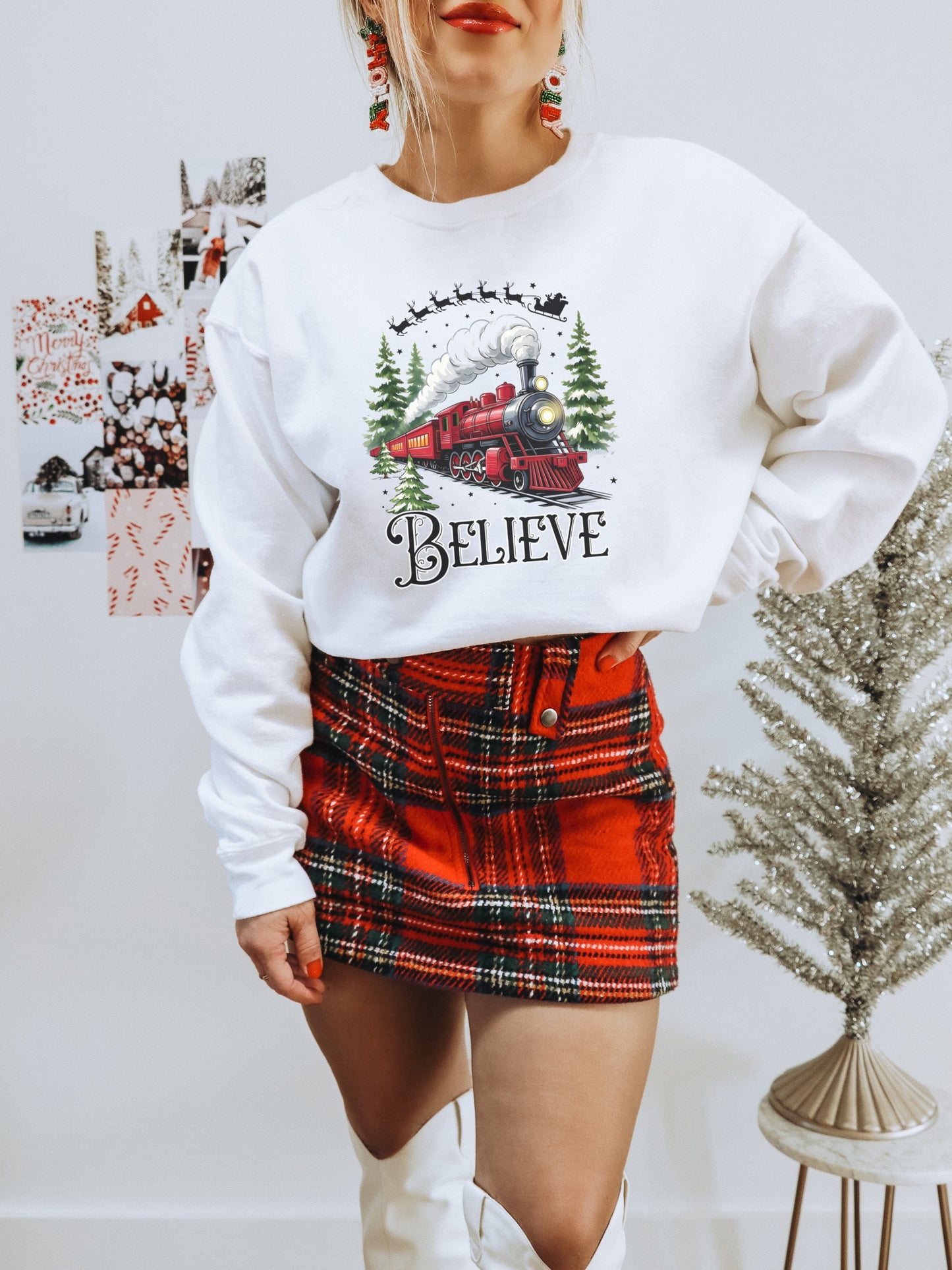 Believe Santa Train Design Festive Holiday Sweatshirt