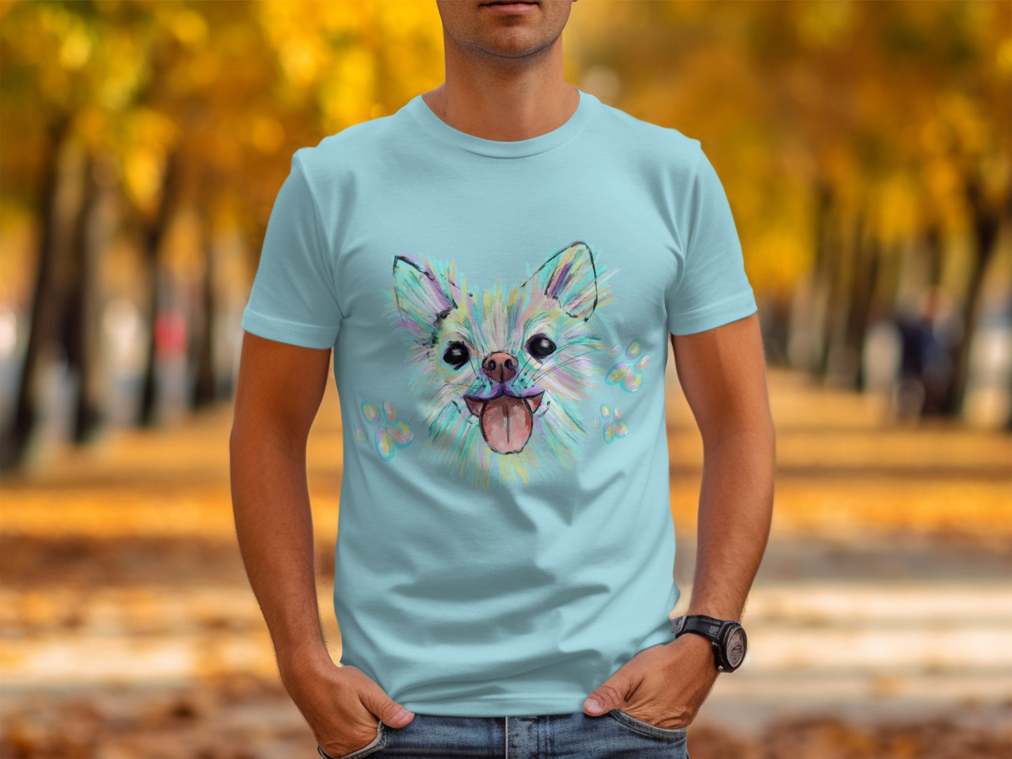 Bright Artistic Dog Illustration on Blue Shirt Product