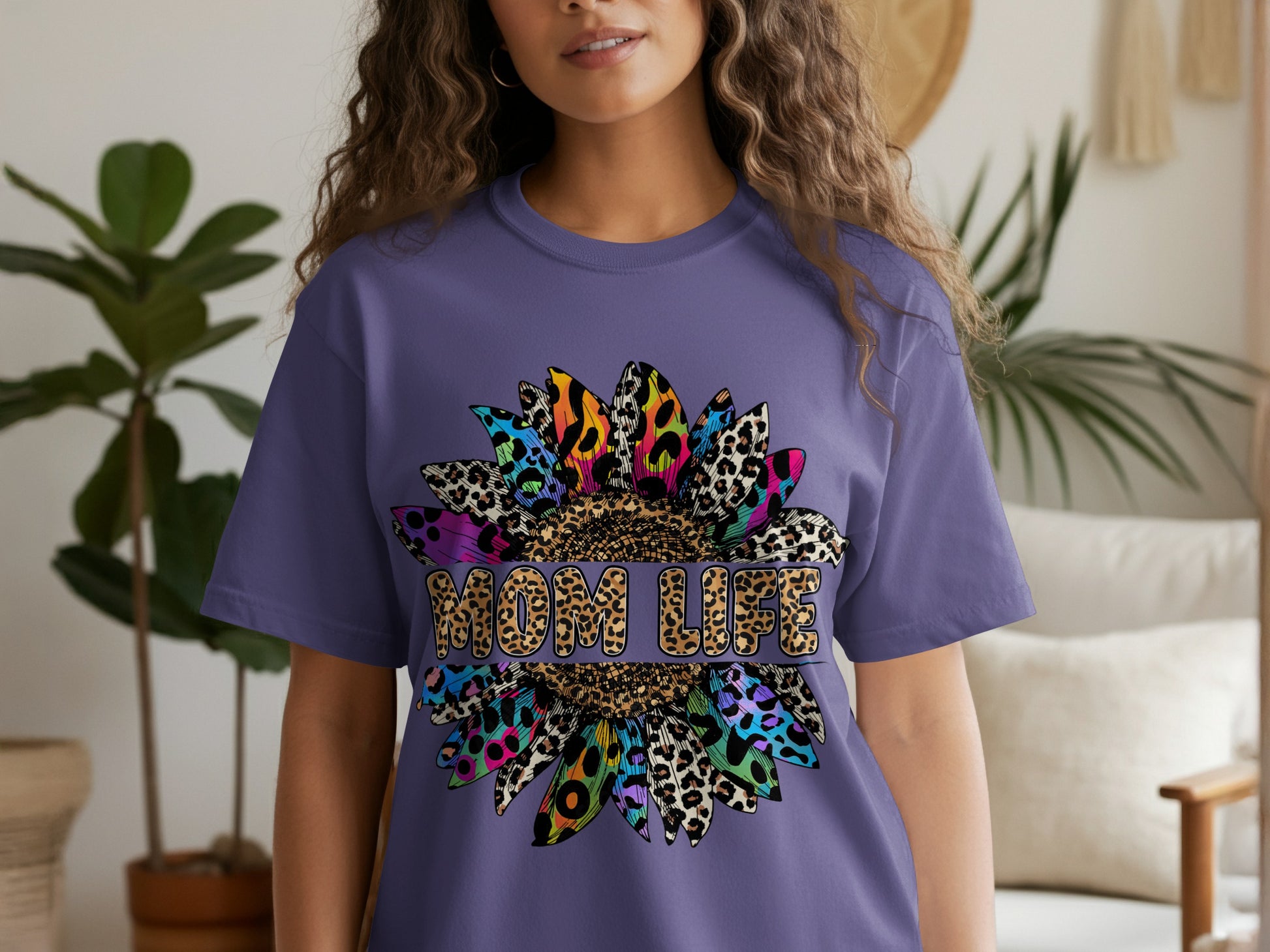 Purple Tee with Mom Life Leopard Sunflower Design