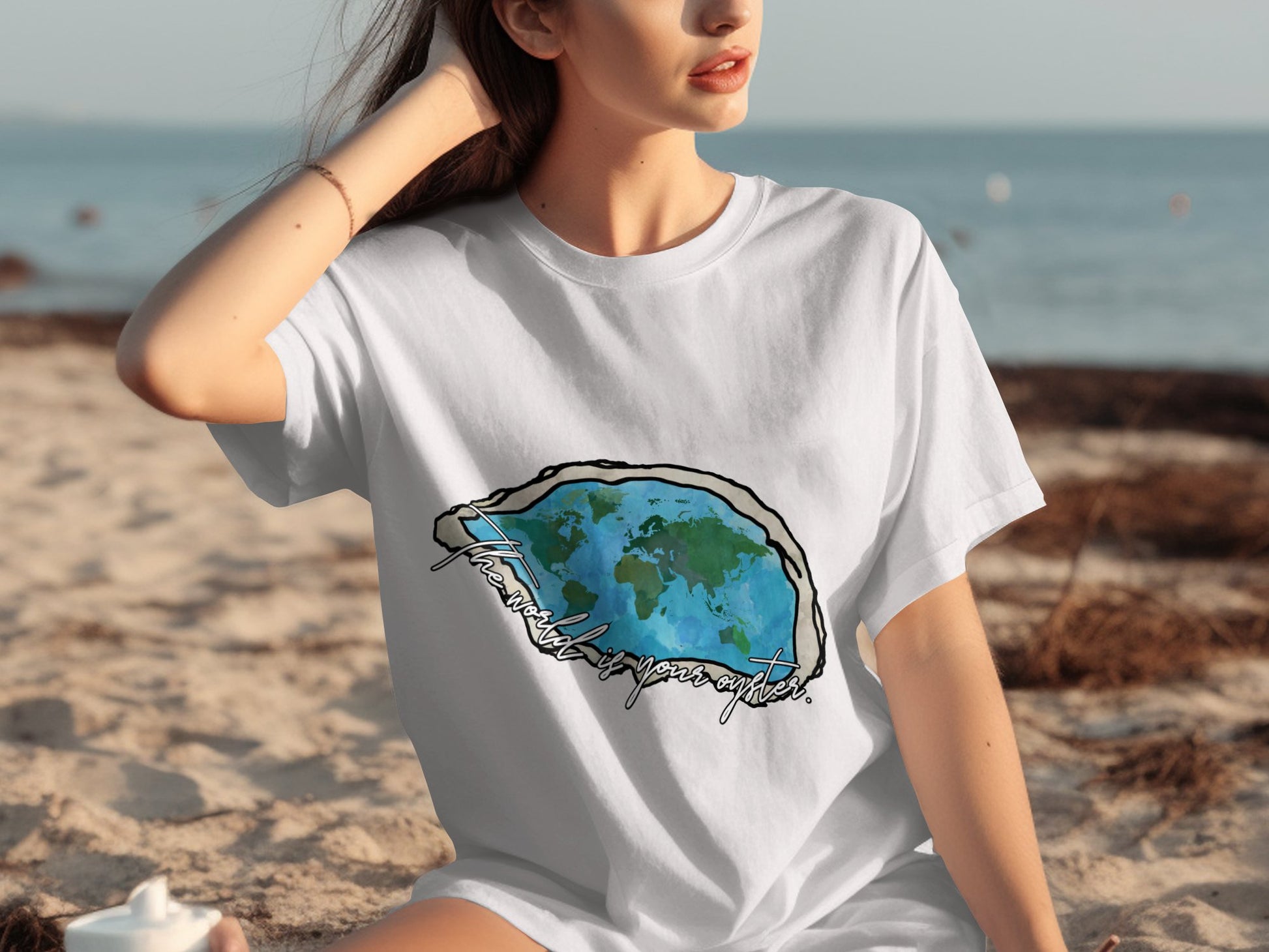 The world is your oyster graphic t-shirt with globe design