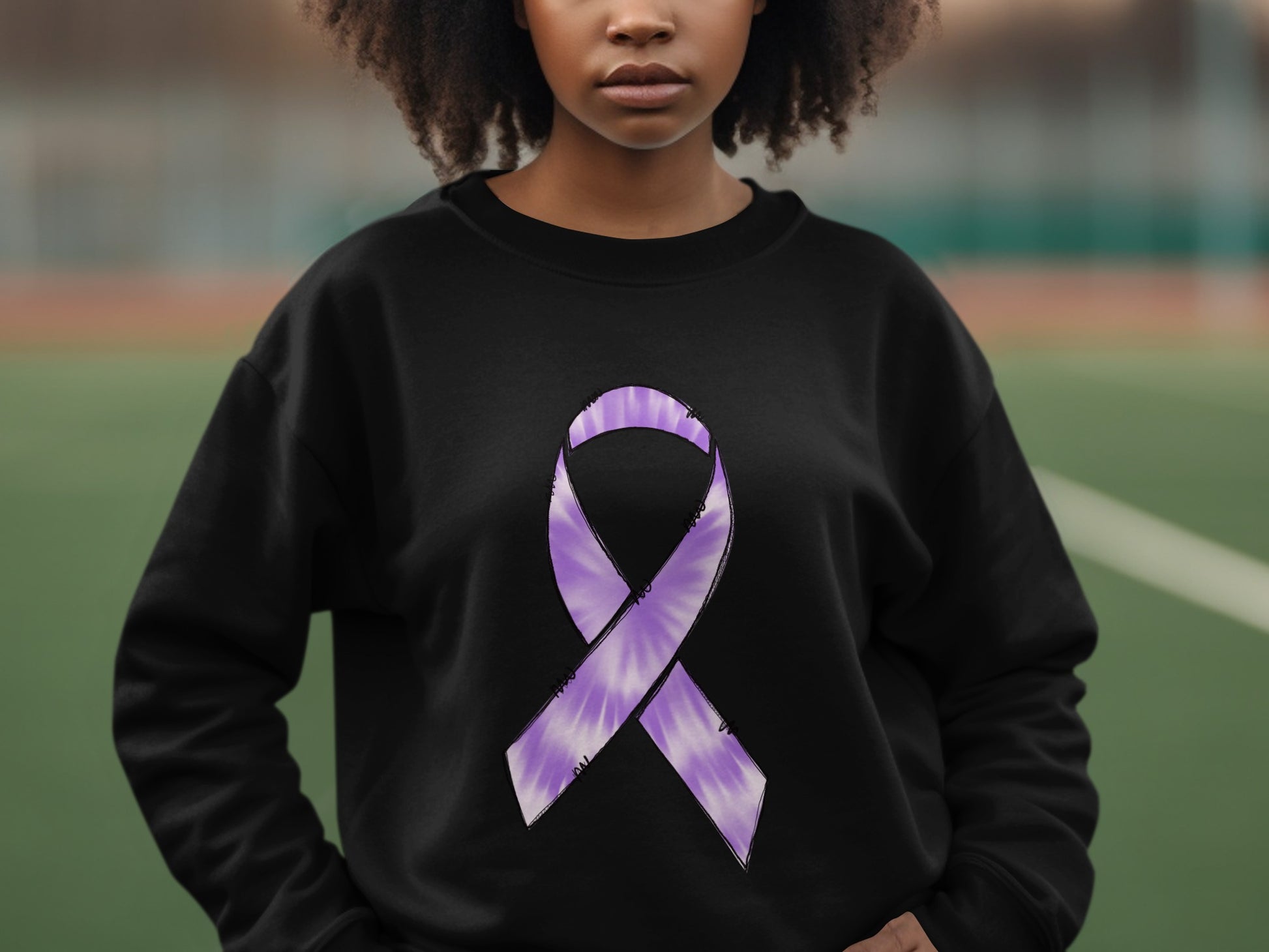 Stylish Black Sweatshirt Featuring Purple Ribbon Design