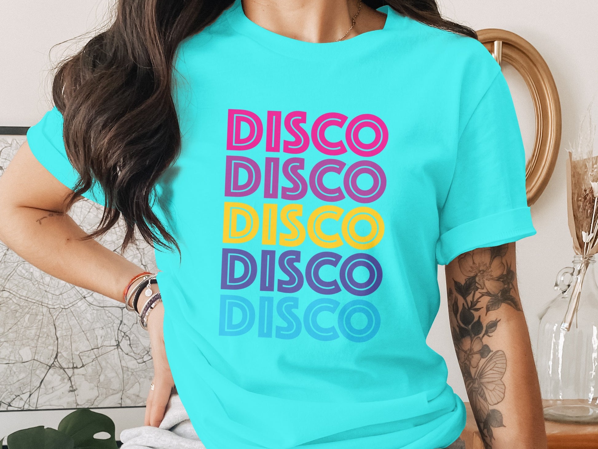 Colorful Disco Graphic Print T-Shirt for Retro Vibes