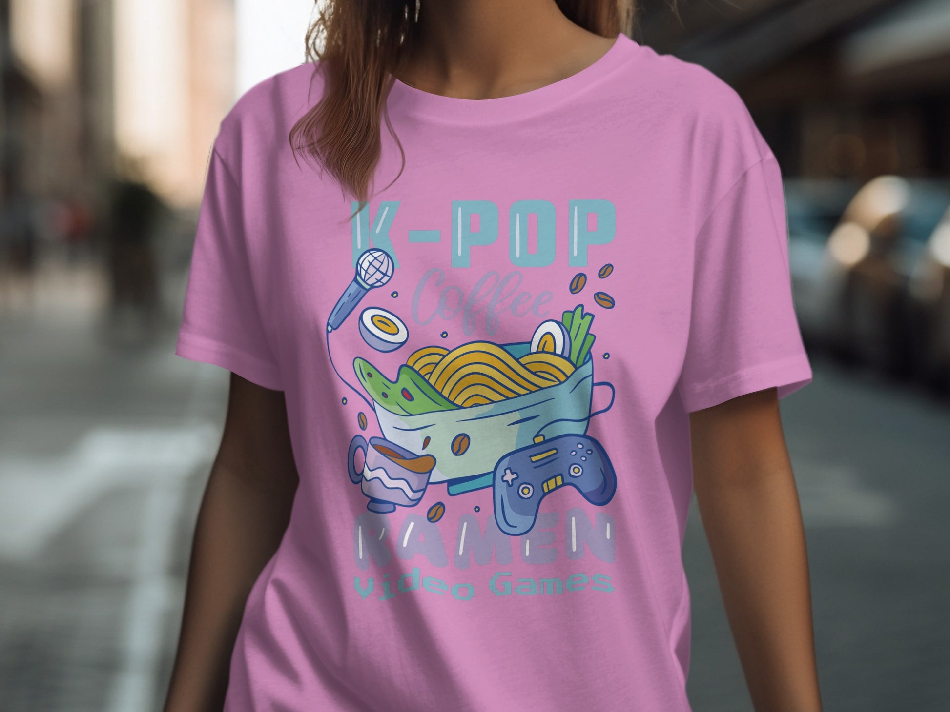 K-Pop Coffee Ramen Video Games Graphic Digital Print Shirt