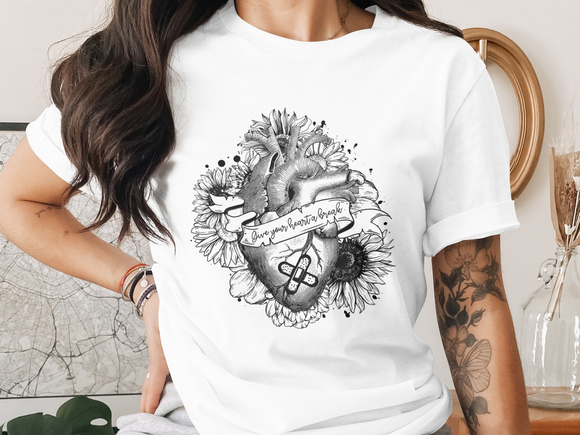 Unique Heart and Floral Design Graphic Tee