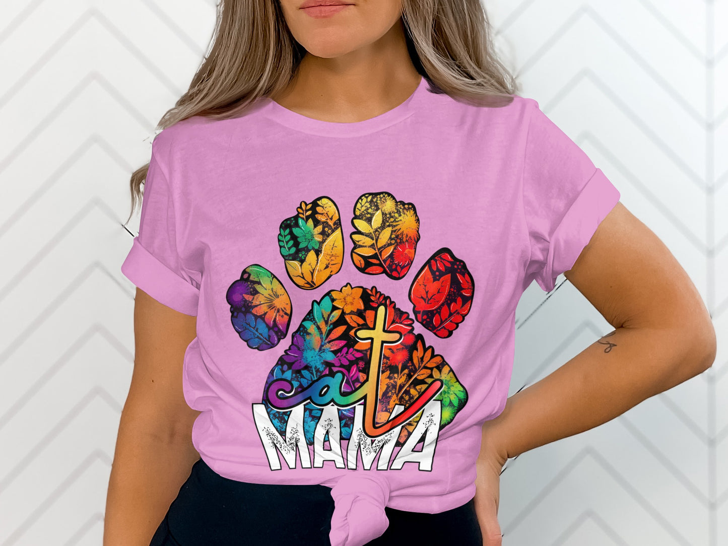 Colorful Cat Mama Paw Print Graphic T-Shirt