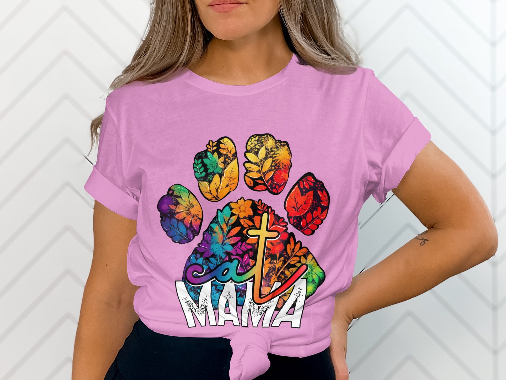 Colorful Cat Mama Paw Print Graphic T-Shirt