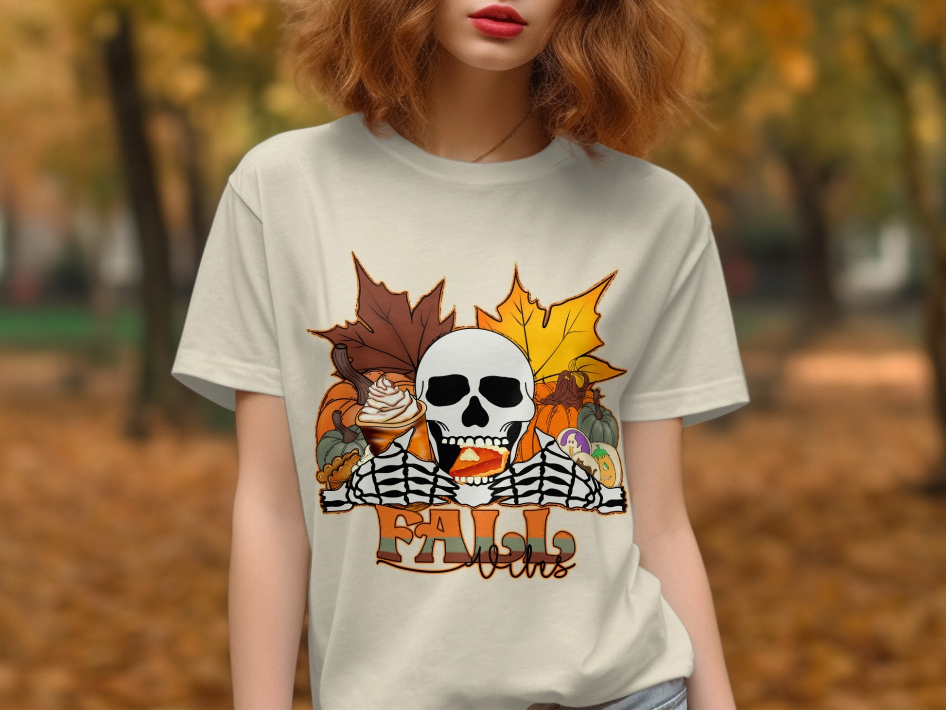 Fall Vibes Skull Design Halloween T-Shirt