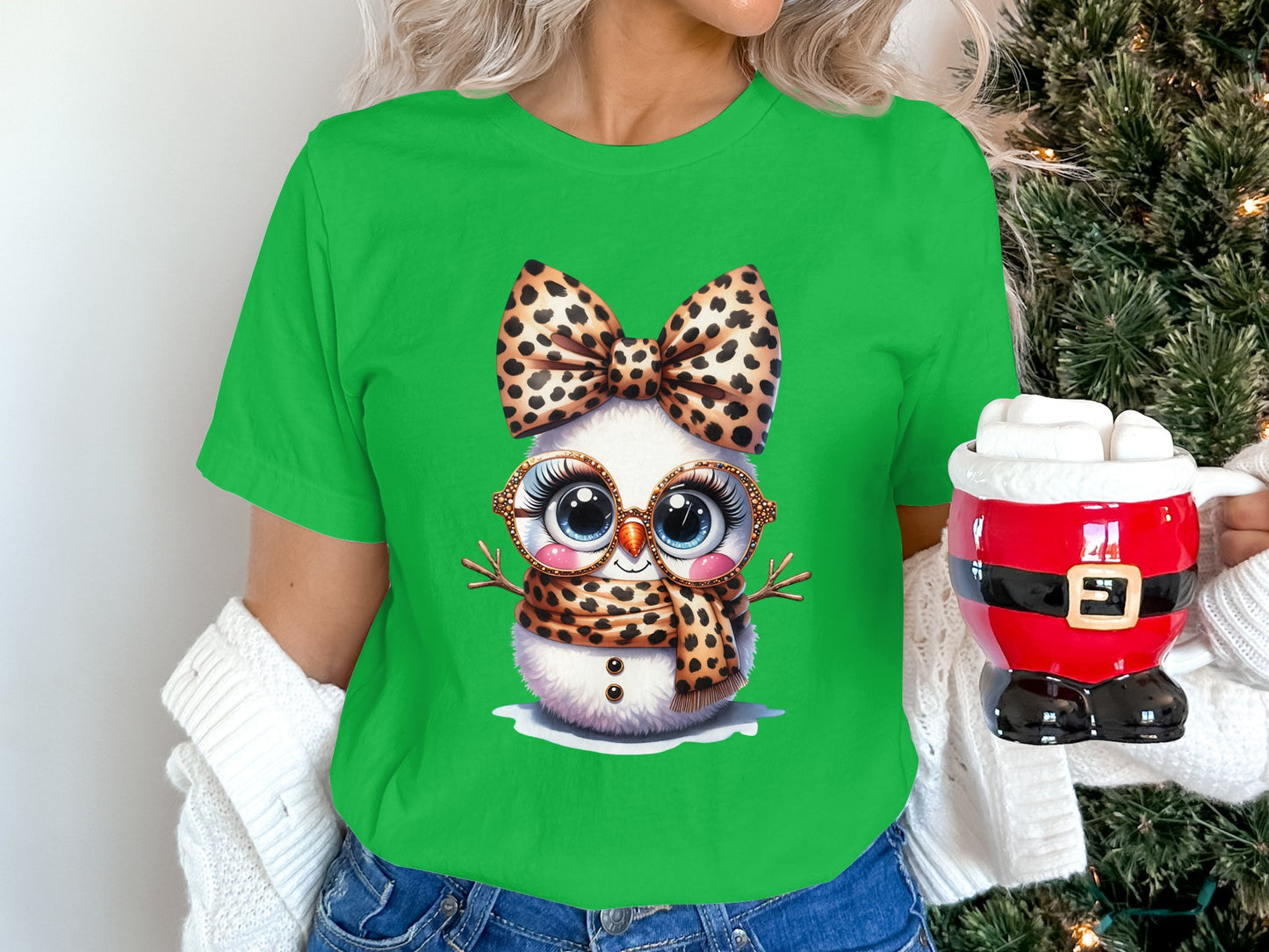 Cute Leopard Bow Snowman Green Women T-Shirt