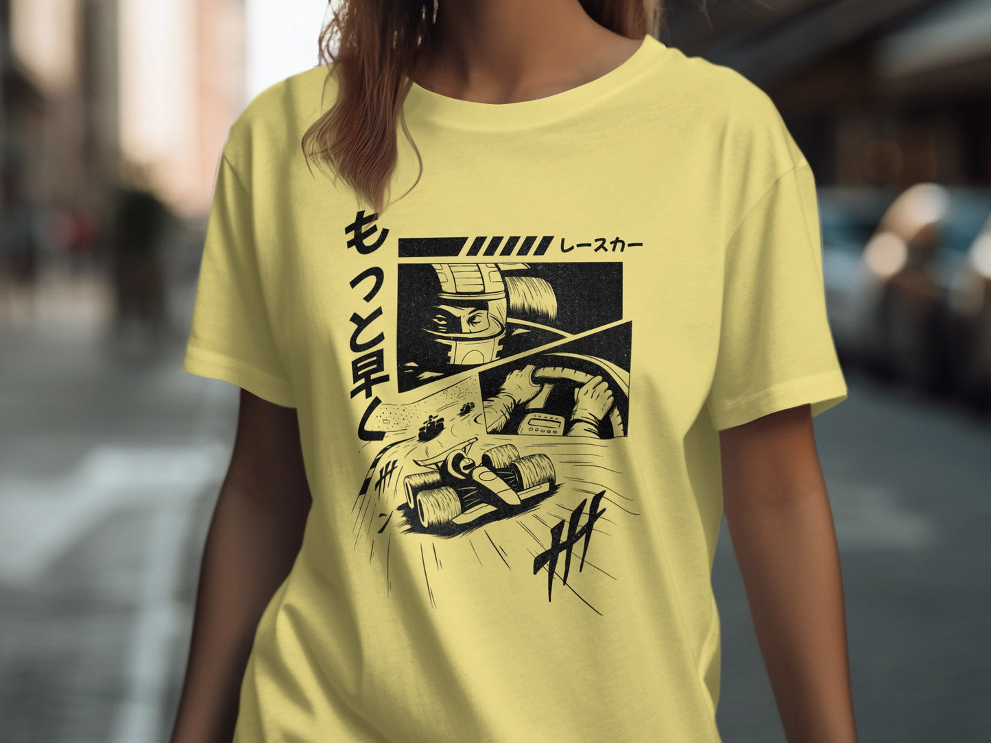 Vintage Manga Racer Graphic Tee with Bold Japanese Text