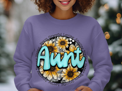 Aunt Sweatshirt with Positive Words and Flowers Design