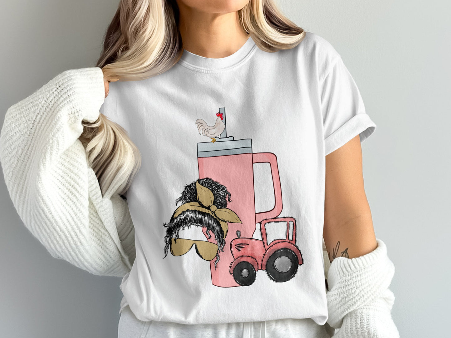 Cute Cartoon Coffee Mug And Tractor Graphic Tee