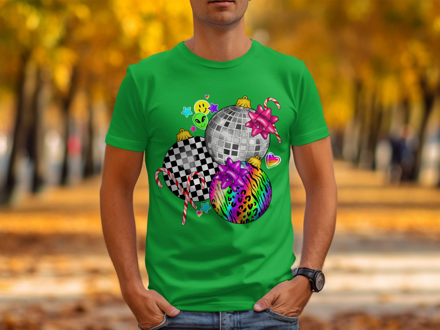 Colorful Ornaments Candy Canes and Smiley T-shirt