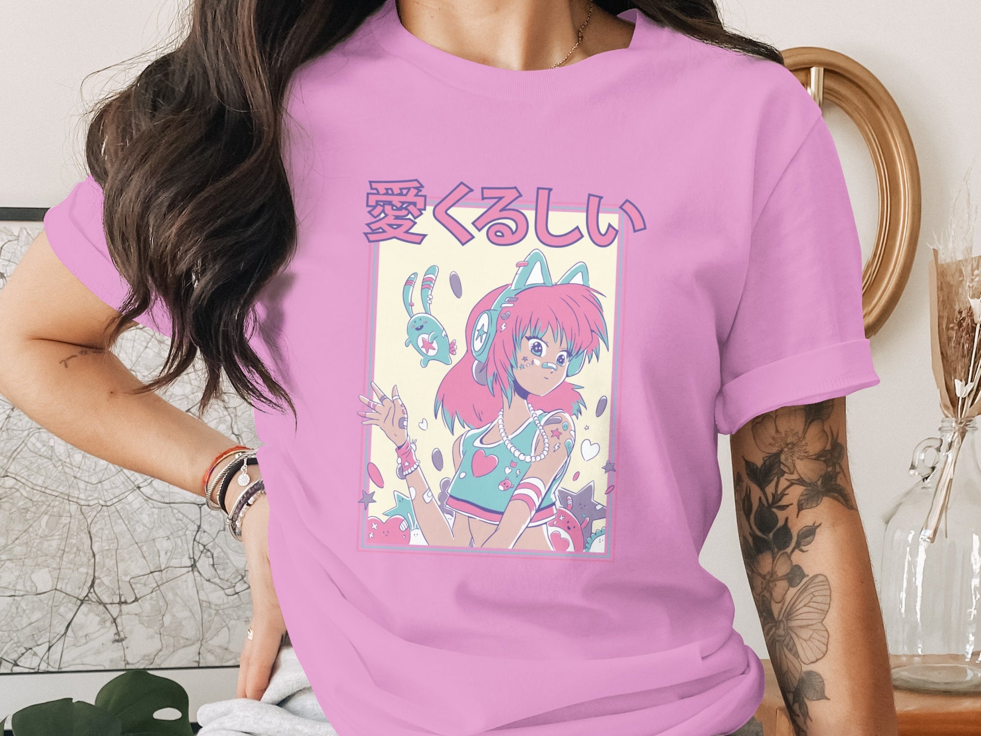 Cute Anime Girl Graphic Tee with Japanese Text