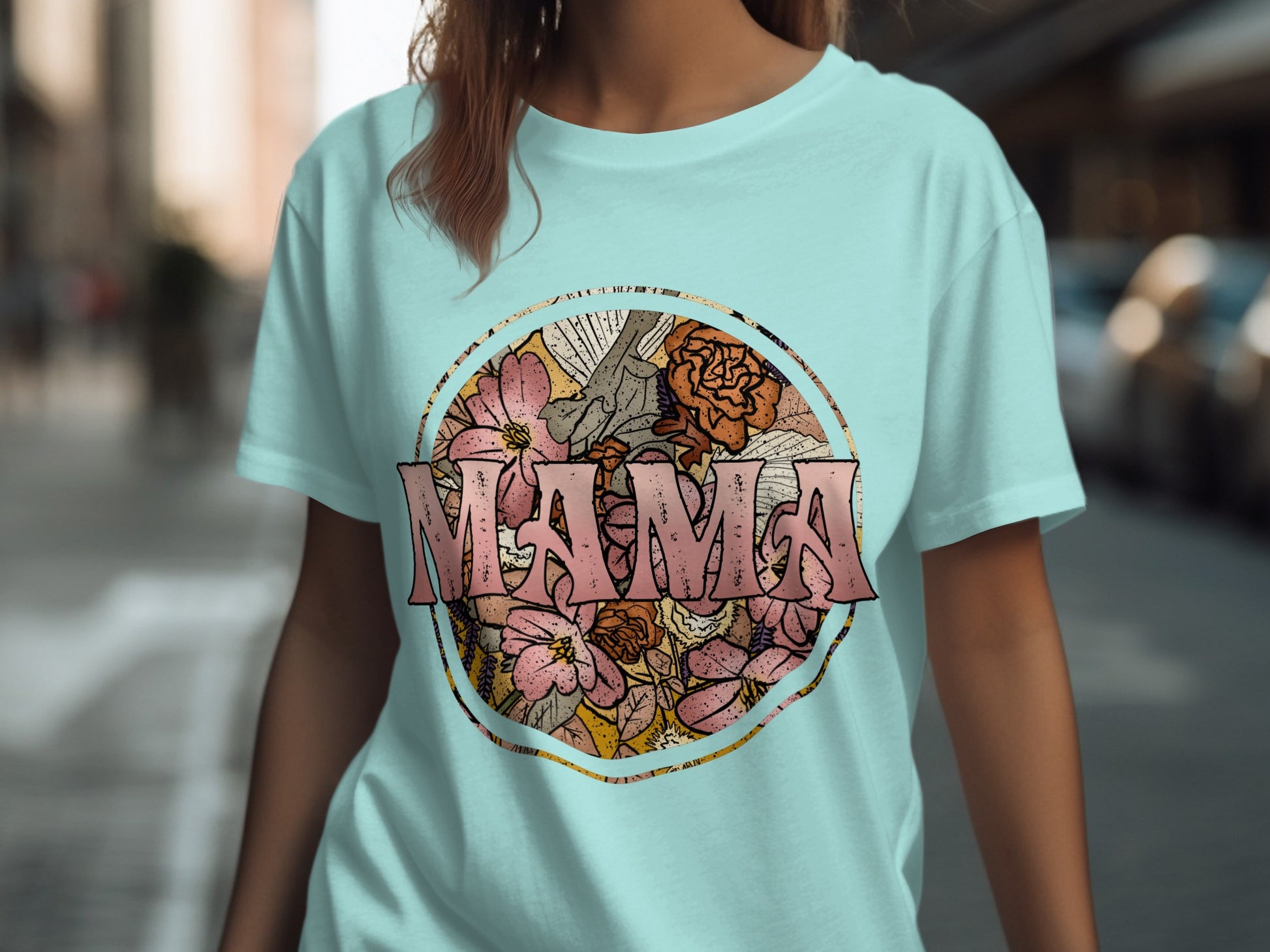 Mama Floral Graphic Teal T-Shirt for Women