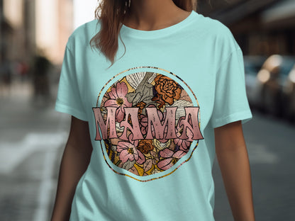 Mama Floral Graphic Teal T-Shirt for Women