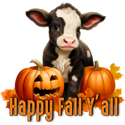 Adorable Cow with Pumpkins Happy Fall Y'all Art