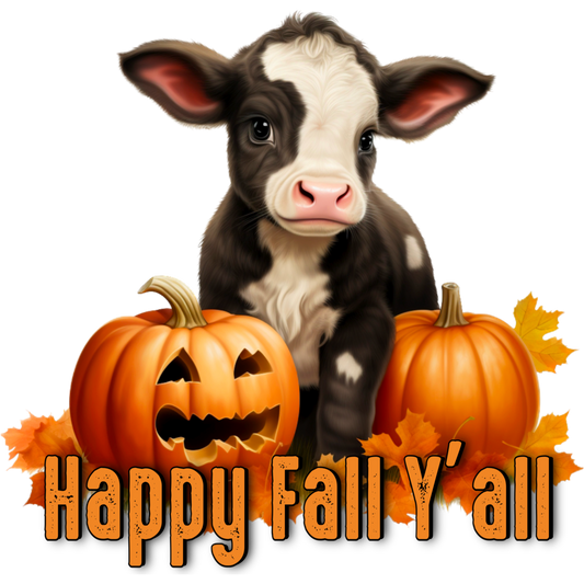 Adorable Cow with Pumpkins Happy Fall Y'all Art