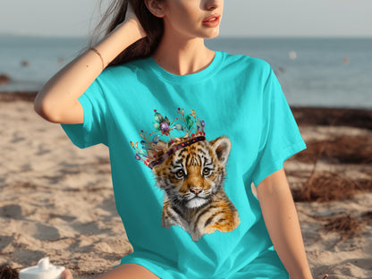 Cute Tiger Cub with Floral Crown Graphic T-shirt