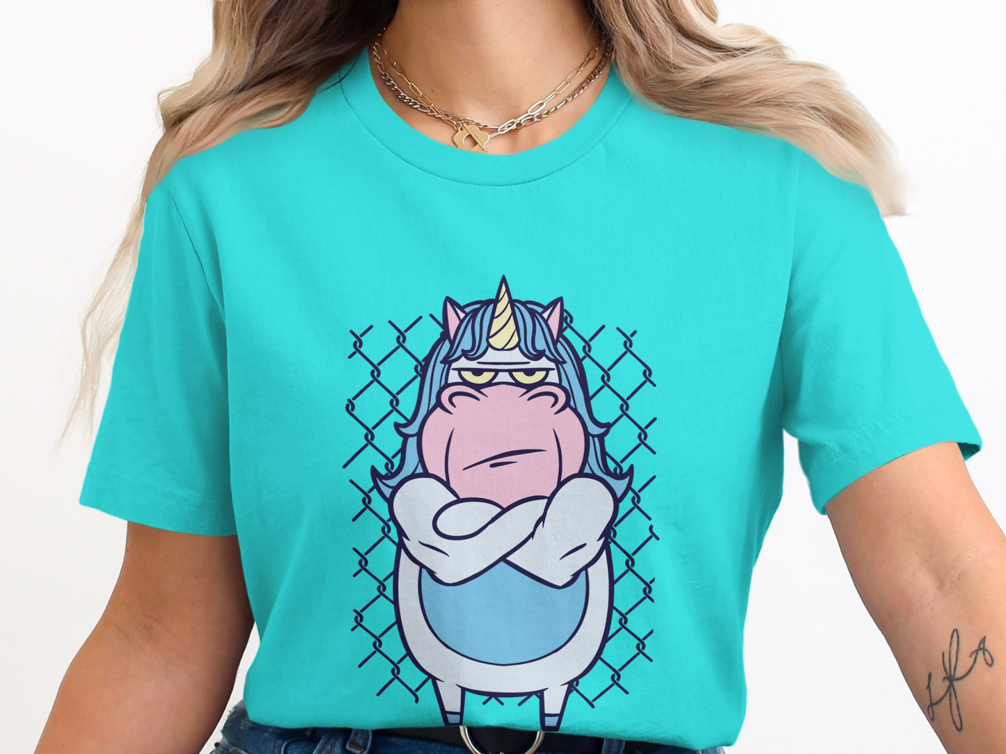 Grumpy Unicorn Cartoon Design Teal Casual Wear