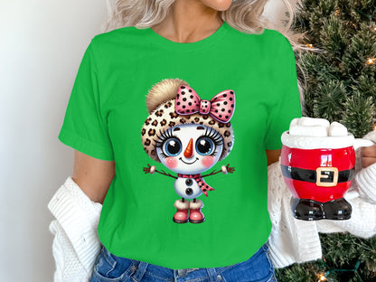 Adorable Snowman with Leopard Print and Bow Shirt
